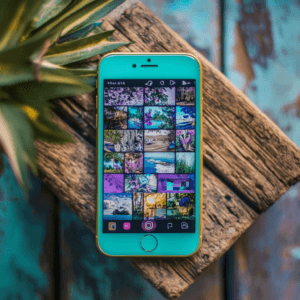 phone with social media feed lying on rustic wood